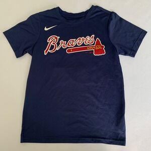 Nike Atlanta Braves T-Shirt‎ Youth Small Navy Blue Hayes 57 Crewneck Tee Stretch